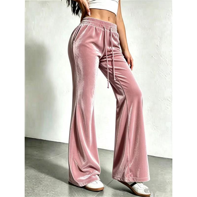 2026 Womens High Waist Drawstring Flared Trousers Casual Velvet Pants