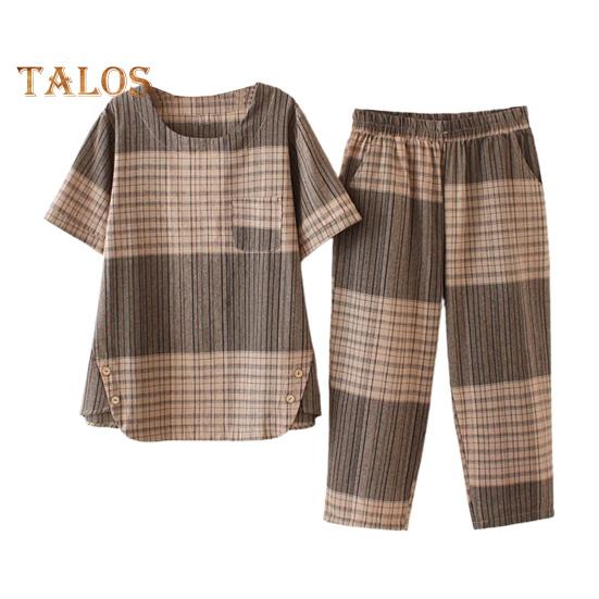 2 шт./компл. женская футболка и брюки комплект плюс размер домашней одежды наряд соответствующего цвета клетчатый принт круглый вырез с короткими рукавами топ широкие эластичные свободные брюки