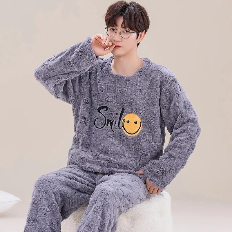 Autumn and Winter Flannel Pajamas Men's Thicken Coral Fleece Youth Student Warm Korean Pijamas Casual Loungewear