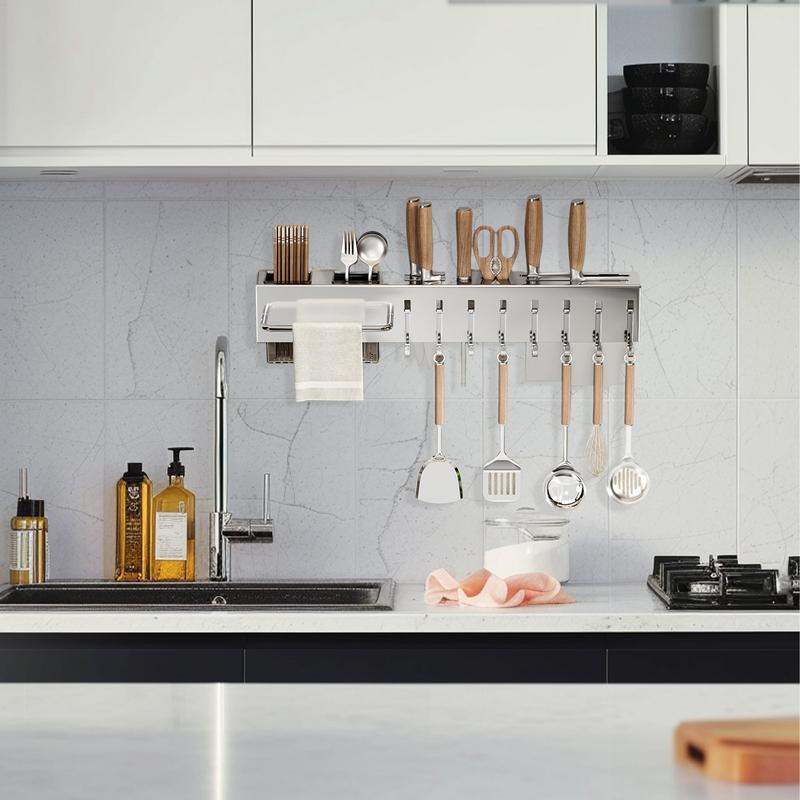 Kitchen Utensil Holder Adhesive Kitchen Rail with Hooks 50cm Kitchen Tool Holder Stainless Steel Dangling Utensil Holder for