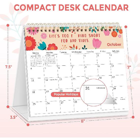 SKYDUE Small Desk Calendar 2025-2026 - 8" x 7", Sept 2025 to Dec 2026 with Sassy & Motivational Quotes, Thick Paper Standing Flip Desktop Calendar