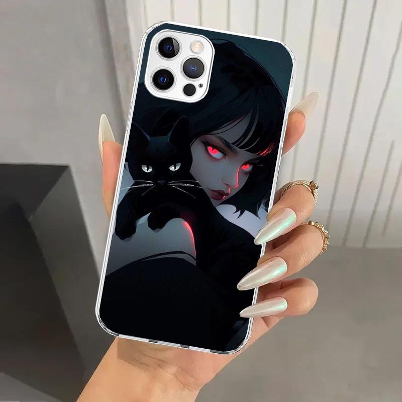 Милый черный кот из аниме Чехол для телефона для Iphone 17 Air 16 15 Plus 14 13 Mini 12 11 Pro Max 16E 7 8 SE 2020 Мягкий Funda Принт Она