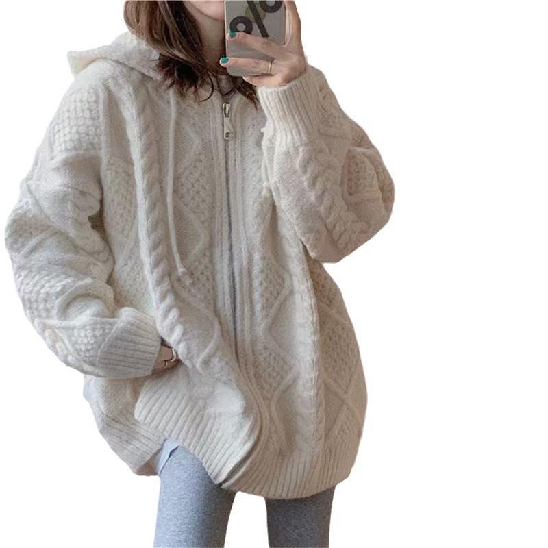 Ретро-твист однотонный свитер на молнии кардиган осень и зима свободный ленивый ветер с капюшоном вязаный кардиган куртка женская