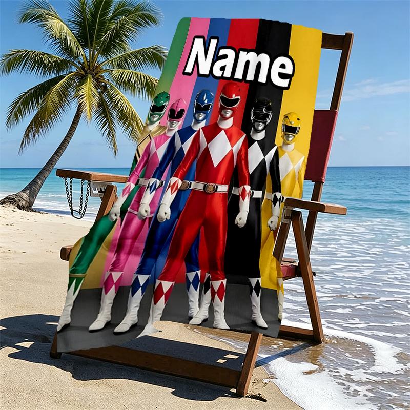 Custom Name Personalized Mighty Morphin Power Rangers Print Beach Towel, for Trip Camping Beach Party Home Decor, Birthday Gift for Family & Friends