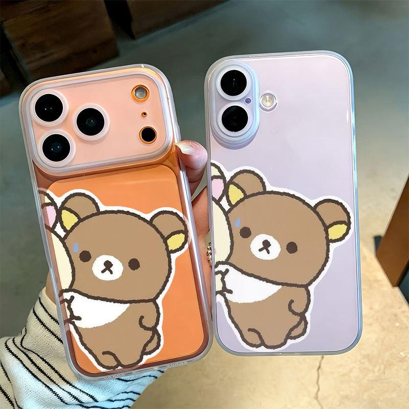 Парный чехол Rilakkuma: Совместим с iPhone 12/14/16/17 Pro Max, Мягкий чехол, Ударопрочный, Интегрированная кнопка камеры.