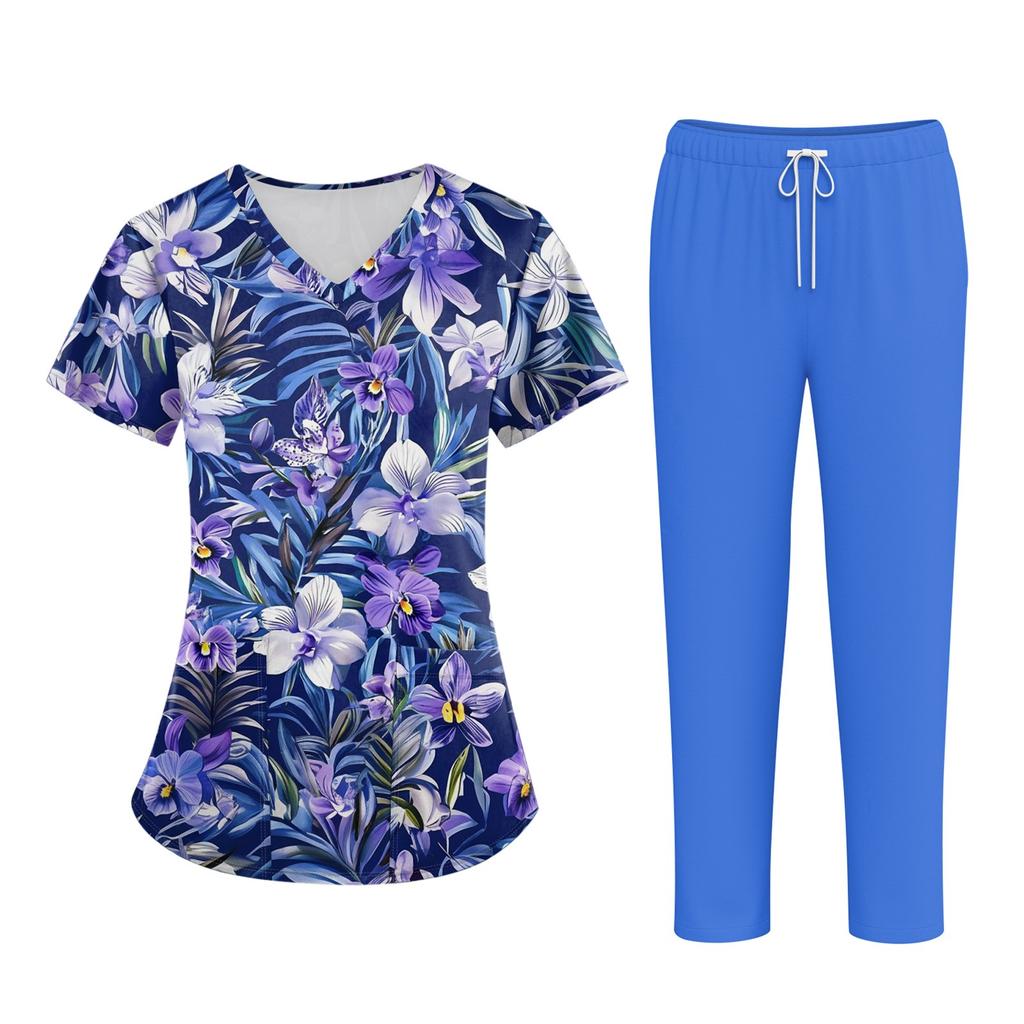 Плюс размерСкраб с принтом Рабочая форма Топы для женщин Крест V-образным вырезом Хэллоуин Принт с короткими рукавами Забавные футболки Спецодежда Футболка с карманами