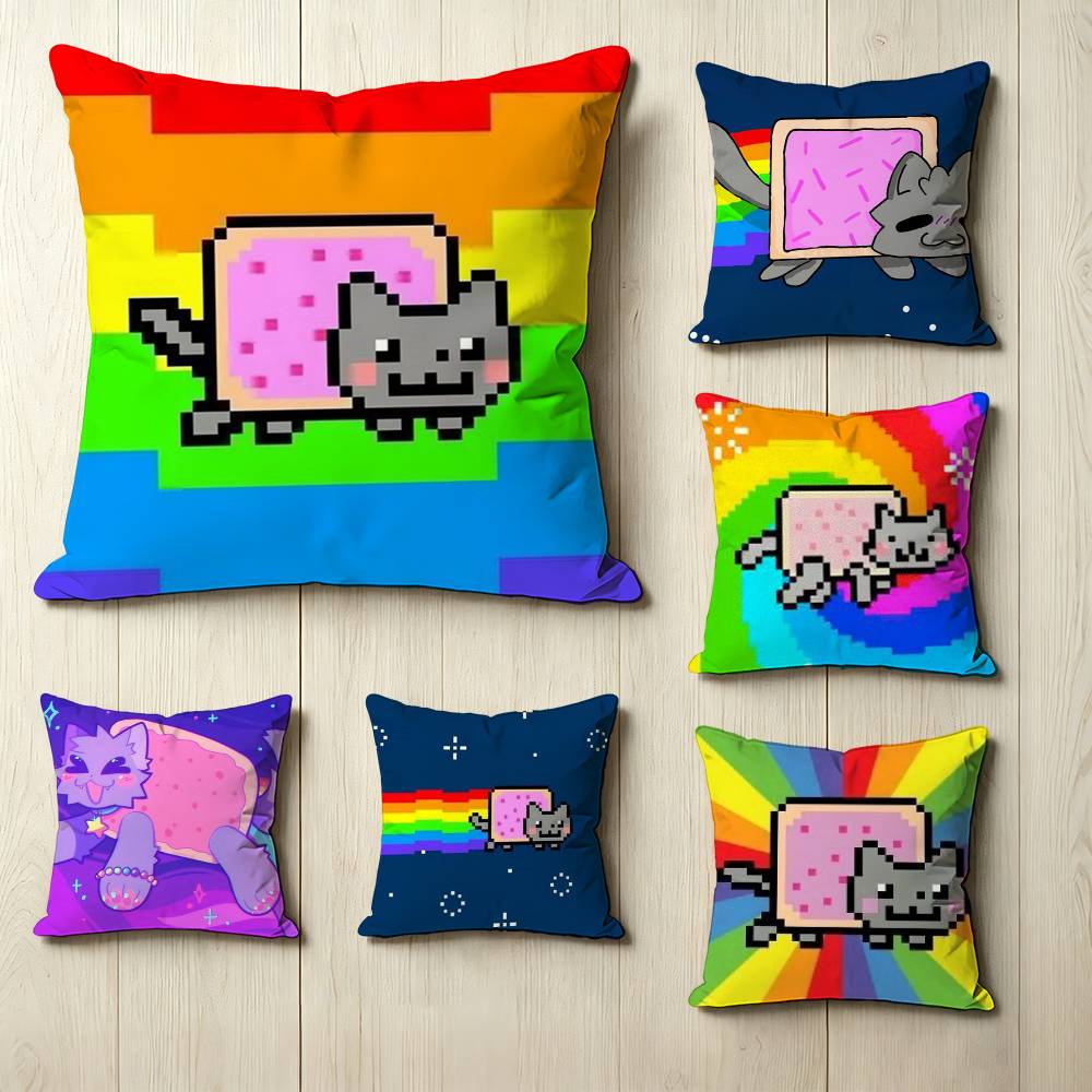 PixelArt Cartoon NNyan CCat Square DoubleSided printed Pillow Case Bedroom Bedside Pillow Sofa Cushion Cover