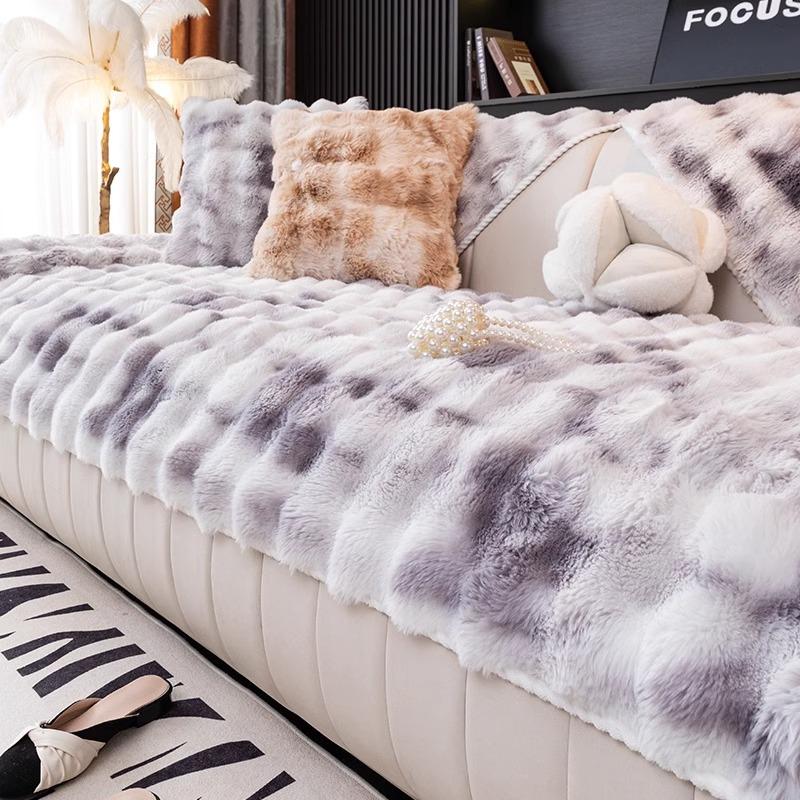 Winter Rabbit Plush Sofa Cushion Thickened Seat Cushion Non-Slip High-End All-Inclusive Leather Sofa Cover Straight Row Sofa Cover