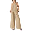 Women's Casual Summer Two Piece Outfits Cotton Linen Sets Cutout Sleeveless Top Wide Leg Pants Matching Set