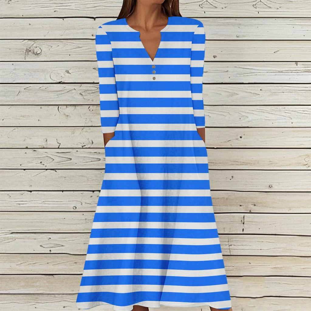 Женское летнее повседневное платье с V-образным вырезом на пуговицах, винтажным цветочным принтом, рукавом три четверти, длинное, с карманами