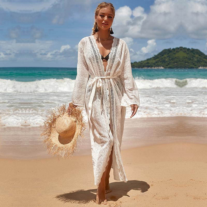 Белое кружевное сексуальное платье с открытым передом, летнее пляжное платье размера плюс, туника с высокой талией и поясом, женская пляжная одежда, длинное платье Q1301