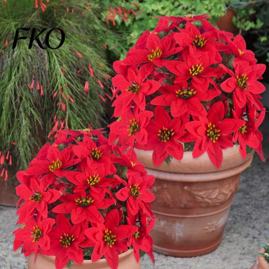 Lifelike Christmas Blooms Artificial Poinsettia Flower Ornaments, Realistic Decorations, Fake Flowers with Stake for Holiday Party Supplies