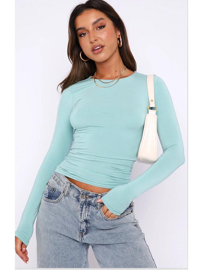 2023 Женская футболка с длинным рукавом, приталенная, нестандартная, однотонная, с круглым вырезом