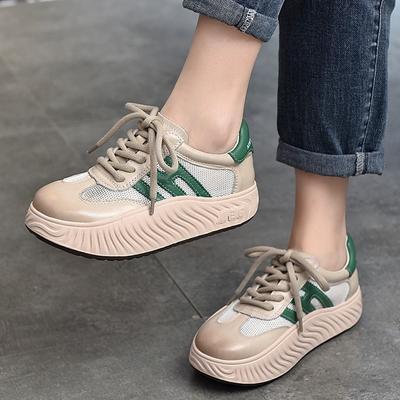 Женская обувь на толстой подошве со шнуровкой, кроссовки из натуральной кожи с дышащей сеткой, повседневная удобная обувь на платформе
