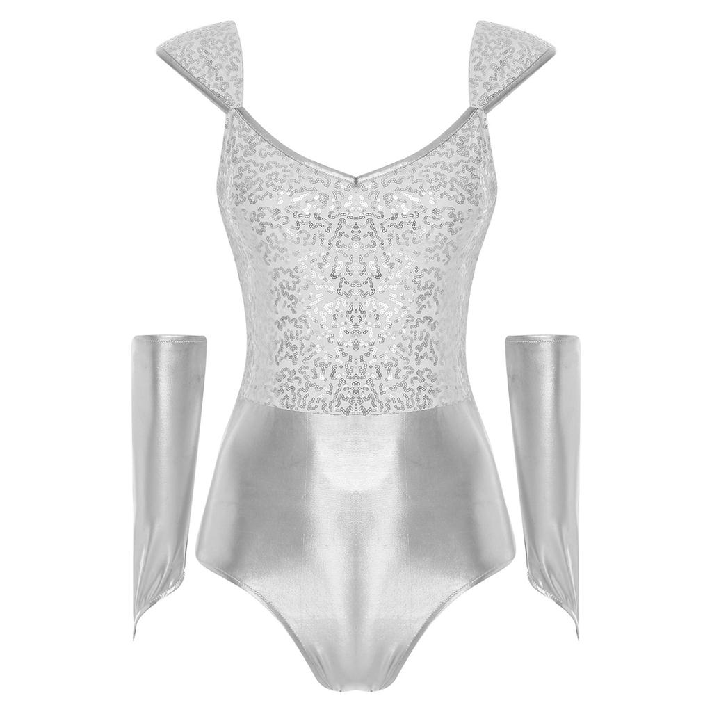 Женское блестящее боди с пайетками, металлик, блестящее, со съемными рукавами, пэчворк, облегающий леотард, клубная одежда, костюм на Хэллоуин
