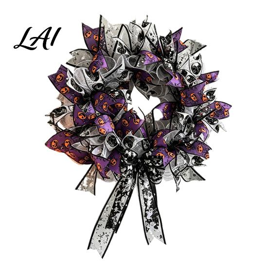 Party Backdrop Halloween Mesh Ribbon Wreath for Front Door Spooky Skull Pumpkin with Decor Bow Purple Black Stripe Decorative Garland Doors
