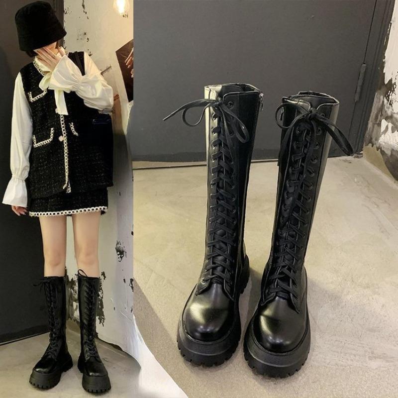 Новинка 2024 года, женские мотоциклетные ботинки, туфли на танкетке, на плоской подошве, женские ботинки из искусственной кожи на высоком каблуке и платформе, женская обувь на шнуровке, черные ботинки