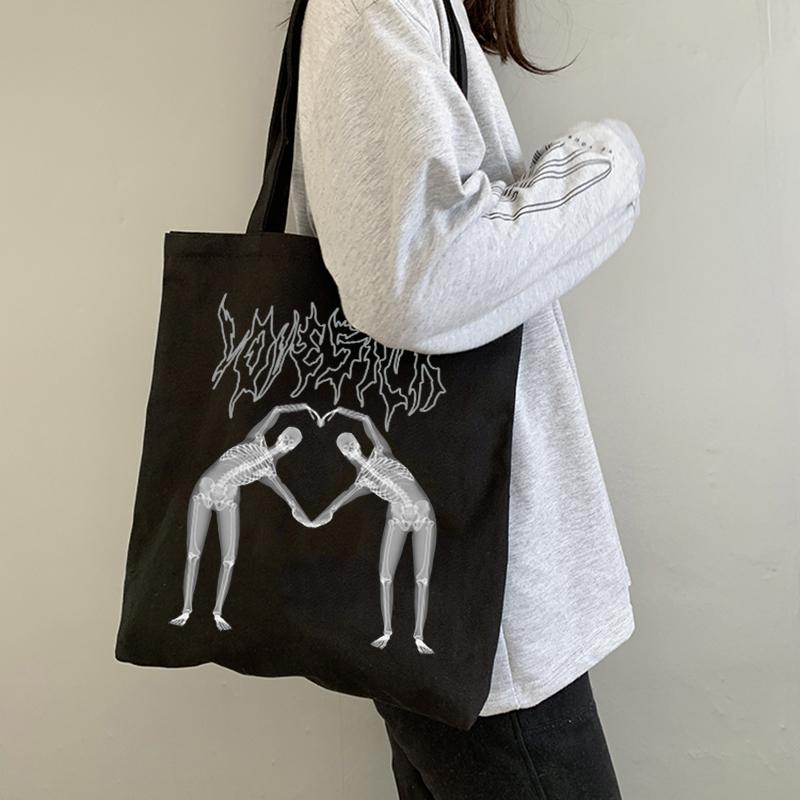 Ложная холщовая сумка с принтом черепа Y2K, готическая холщовая сумка в стиле панк, большая вместительная уличная сумка для покупок, повседневные женские сумки на плечо в стиле Харадзюку