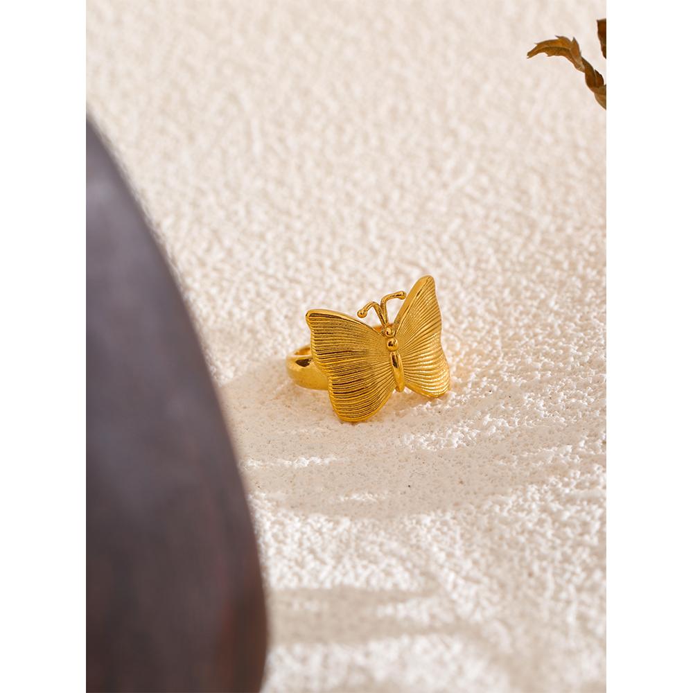Yhpup Stainless Steel Metal Cast Integrated Butterfly Fashion Ring 18K PVD Plated Waterproof Texture Gold Color Fashion Jewelry