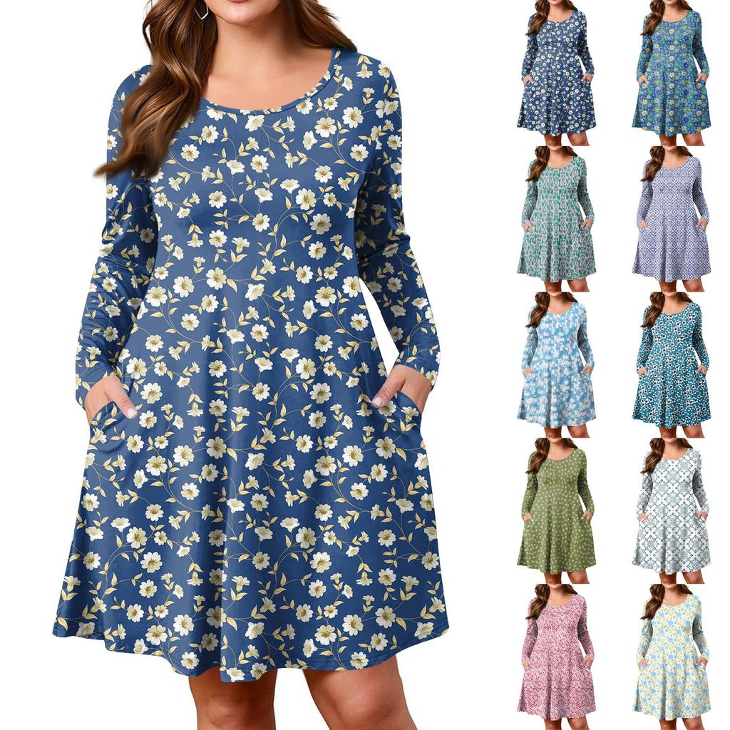 Plus Size Women's Gradient Print Casual Spring/Autumn Pocket Round Neck Long Sleeve Dress