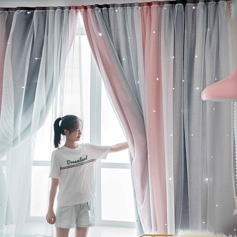Bedroom Blackout Curtains with Magic Tape, Double Layer, No Drilling Installation, Hollow Star Gradient Bay Window Curtains