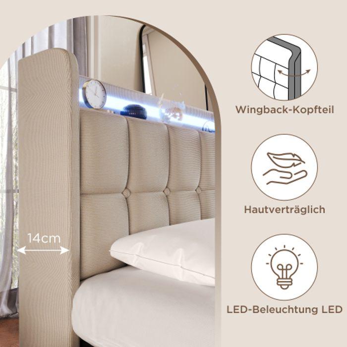 Lit double - MUVOE - 180x200 cm - Beige - Éclairage LED - 4 tiroirs - Recharge USB