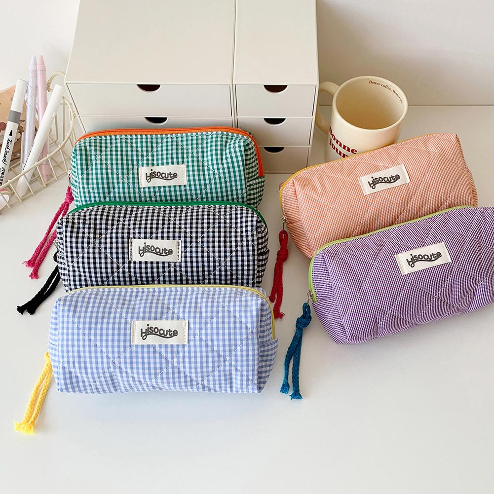 Large Capacity Plaid Cloth Pencil Case Korean Style Cloth Makeup Bag INS Style Student Stationery Storage Bag