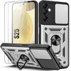 Case + 2 Tempered Glasses for Samsung Galaxy S25, Shockproof Hard Bumper with Back Stand and Camera Protection - Silver