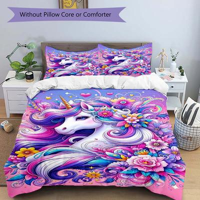 3pcs Enchanted Unicorn & Whimsical Floral Quilt Cover Set - Soft and Cozy Bedroom, Guest Room and Dorm Decorative Bedding 3-Piece Set 1 Quilt Cov
