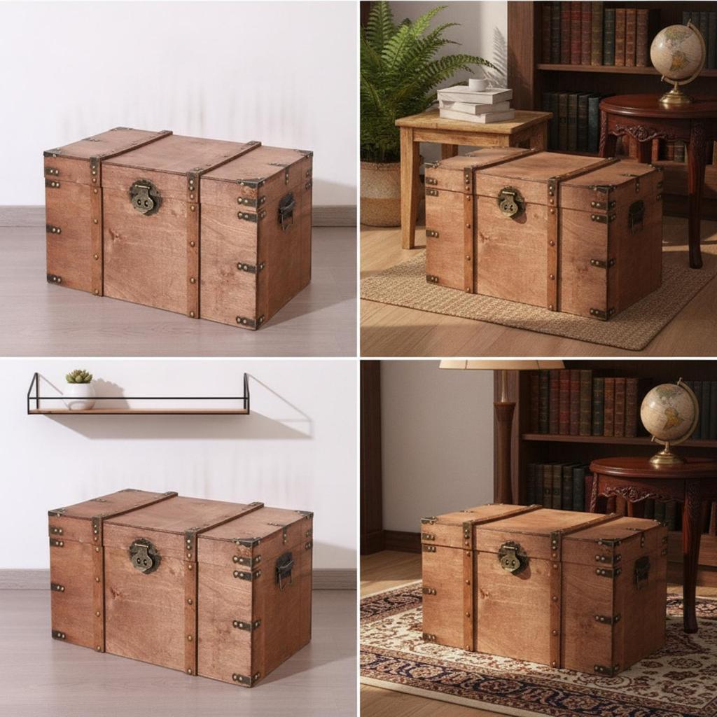Vintage Storage Container Rustic Gray Wooden Trunk Organizer Basket for