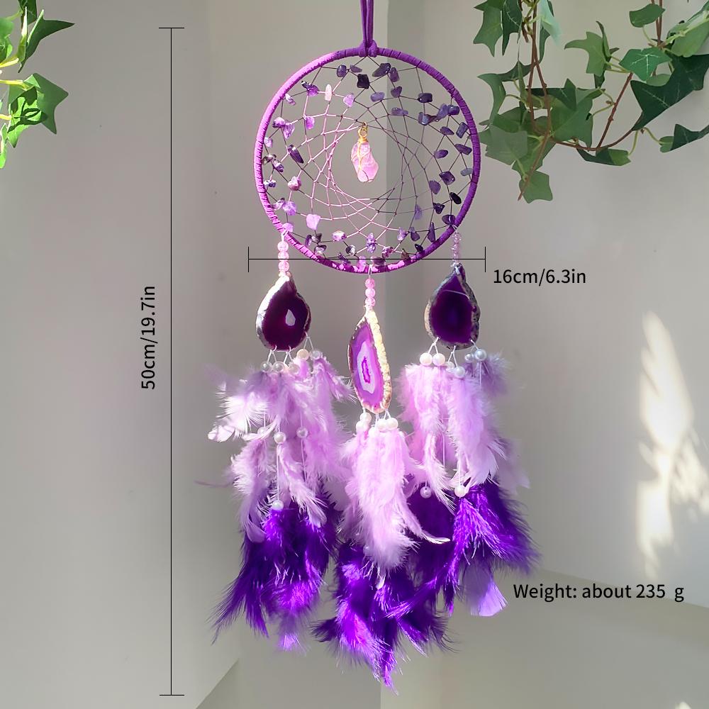 Dreamcatcher Natural Amethyst Dreamcatcher with Agate Slice Feather Handmade Wall Hanging Decor Hanging Wind Chime Gift