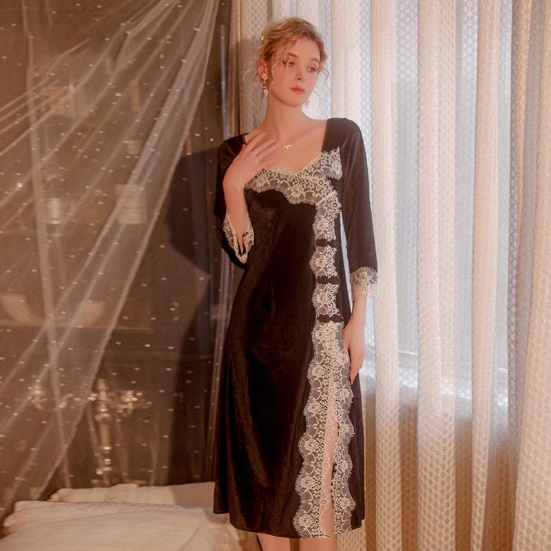 Ночная женская пижама, сексуальная бархатная кружевная верхняя пижама с V-образным вырезом, повседневная и удобная длинная юбка для женщин