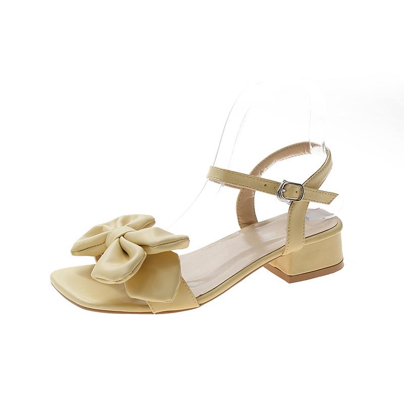 Новые модные босоножки на толстом каблуке с бантом, летние 2025 года, односложная пряжка, босоножки на толстом каблуке среднего размера с открытым носком для женщин