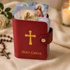Catholic Faux Leather Holy Card Holder with 54 Prayer Cards Embossed Cross Pocket Prayer Card Organizer with Snap Closure for Worship Funeral Memor