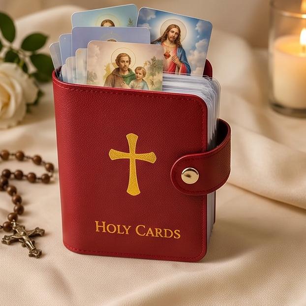 Catholic Faux Leather Holy Card Holder with 54 Prayer Cards Embossed Cross Pocket Prayer Card Organizer with Snap Closure for Worship Funeral Memor