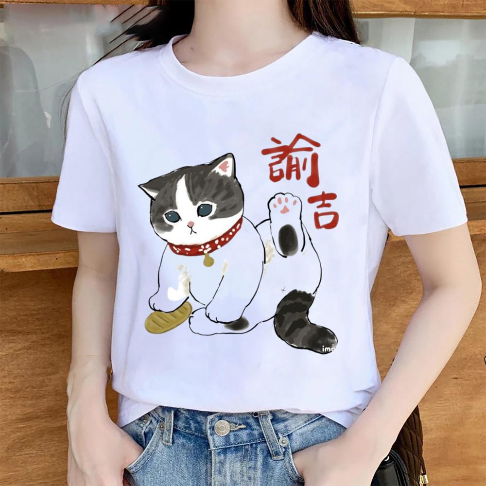 Fashion Women Fortune Cat Print T Shirt Funny Casual O-neck Short Sleeves T-shirt Summer Female Tee Shirt