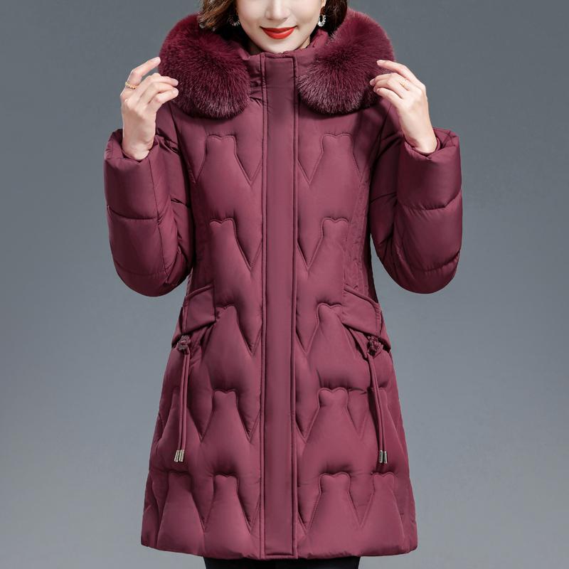 Middle Age Woman Winter Coats Hooded Faux Fur Collar Casual Thick Warm Long Parkas Women's Jackets