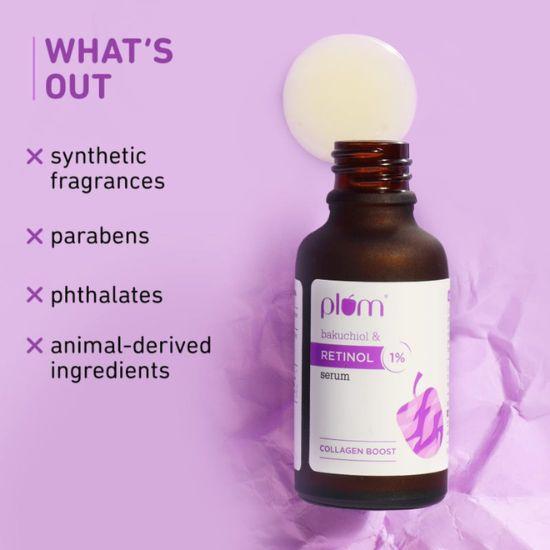 Plum Ночная сыворотка для лица с 1% ретинолом и бакучиолом против старения | Увеличивает выработку коллагена, уменьшает мелкие морщины и складки | 20 мл