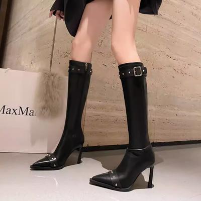 Женские высокие сапоги на молнии с пряжкой на высоком каблуке, однотонные женские сапоги 2024 года, новые весенние и осенние модные женские сапоги