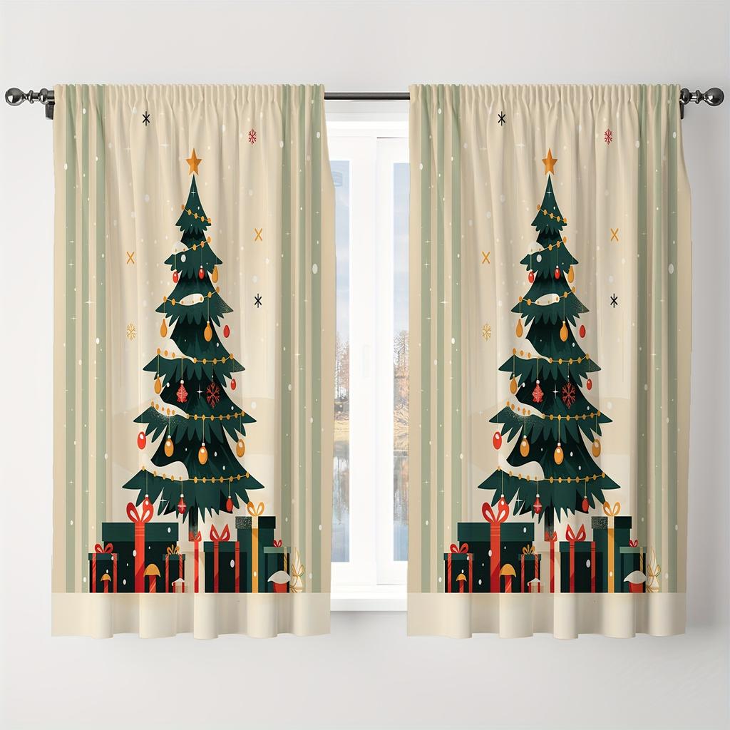 2pcs Luxurious Christmas Lights Print Curtains Set Semi-Sheer Polyester With Rod Pocket For Easy Hanging For Bedroom Living Room