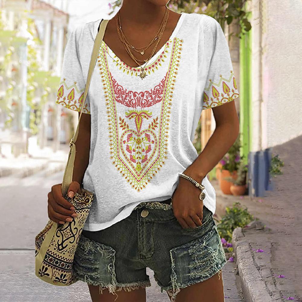2025 Vintage Shirt for Women Totem Printed Ethnic Style Women's Clothing Summer Casual Short Sleeved Tops Tees Oversized T-Shirt
