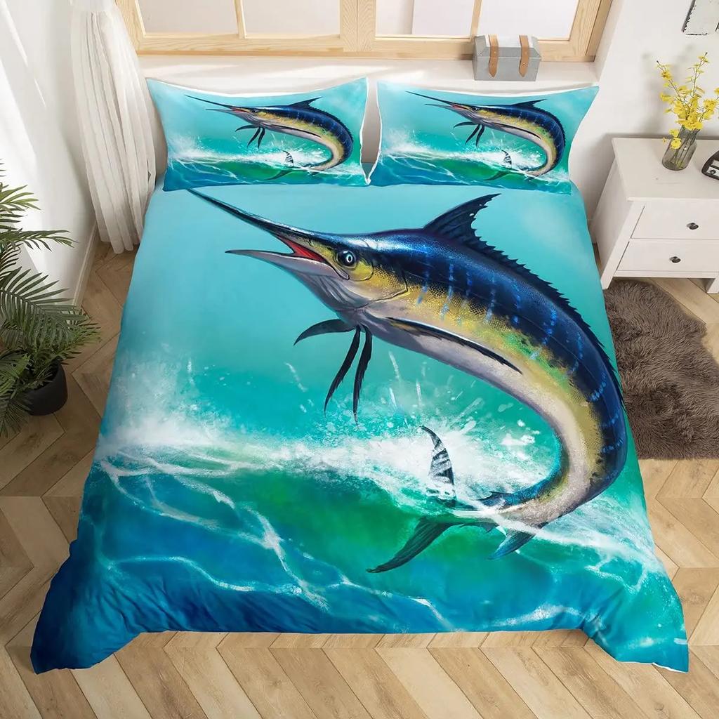 Marlin Swordfish Duvet Cover Set Hunting Fishing Bedding Set Tie Dye Sea Fishing Boat Marine Life Nautical Comforter Cover Queen