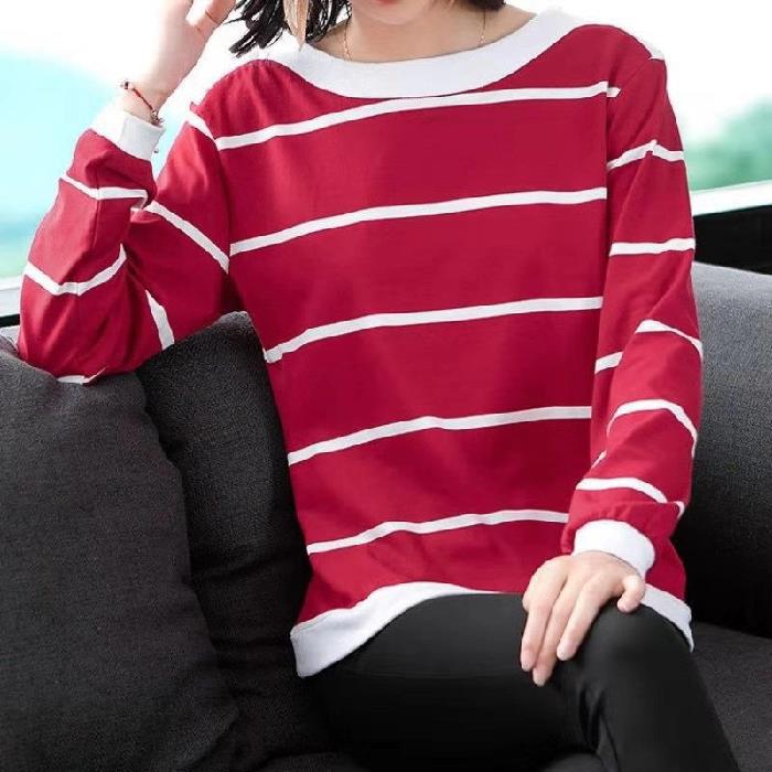 Women's Blue & White Striped Long-Sleeve Loose T-Shirt, Slim Fit, 2025 Spring/Autumn Collection, Large Size.
