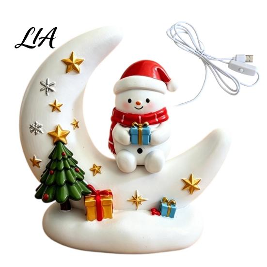 Snowman Table Centerpieces Christmas Moon Night Light with Santa Claus, Resin Decoration Warm LED Glowing Desktop Decorations Glow,