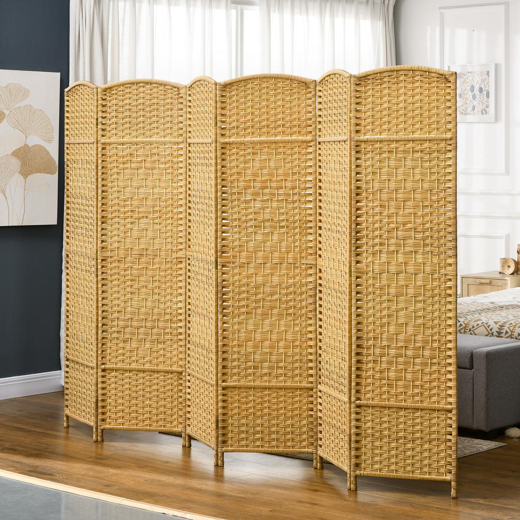 Room Divider, 6-Panel Foldable Partition, Woven Pattern, Pine Wood, Natural Wood