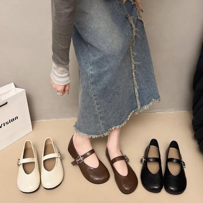 Ретро туфли Мэри Джейн на плоской подошве женские туфли новая весна мелкий вырез круглый носок ремешок с пряжкой