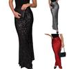 Maxi Skirt High Waist Solid Color Long Skirt with Shiny Sequin Decoration Home Commuting Street Leg-lengthening Skirt