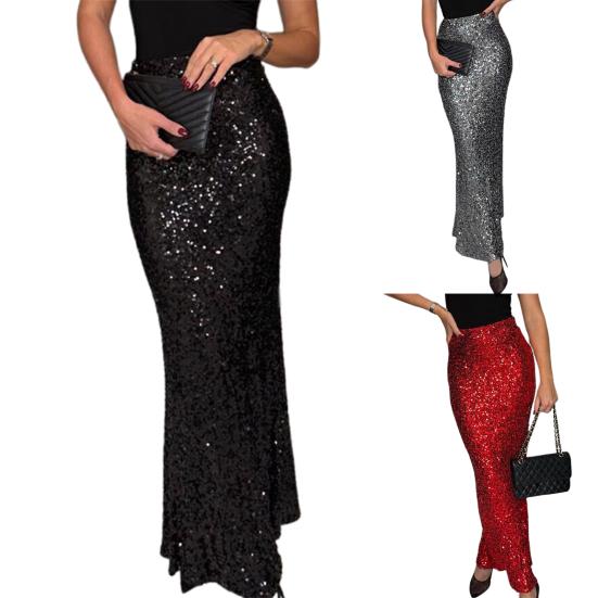 Maxi Skirt High Waist Solid Color Long Skirt with Shiny Sequin Decoration Home Commuting Street Leg-lengthening Skirt