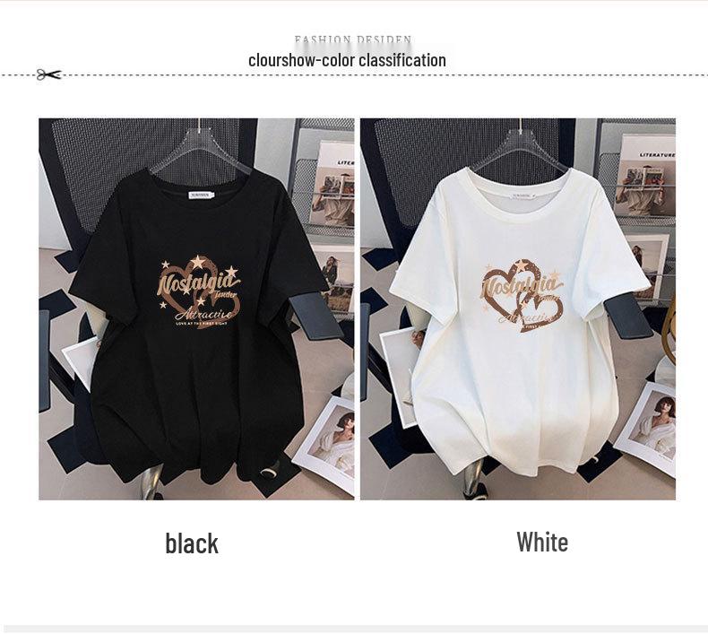 Женская облегающая футболка большого размера средней длины с коротким рукавом - Круглый вырез, Свободный крой (Размеры 200-350 Цзинь)