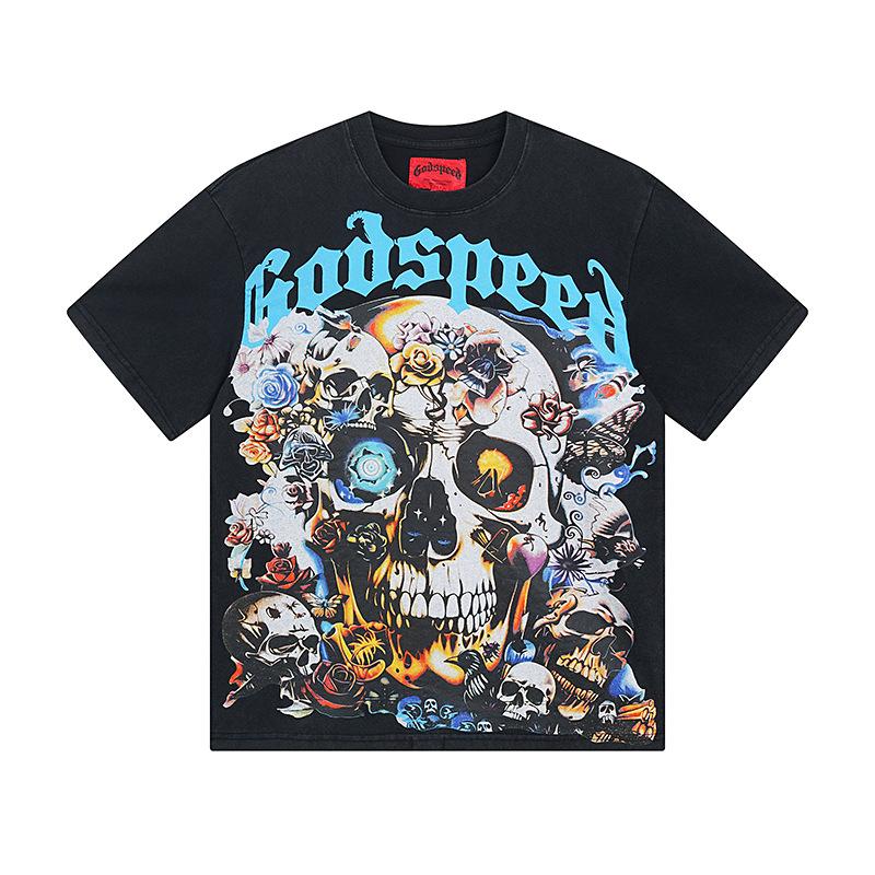 Cross-border trendy brand GS Skull Band Alphabet Printing Washing Water Short Sleeve Loose T-Shirt Men's and Women's High Street Retro Half Sleeve